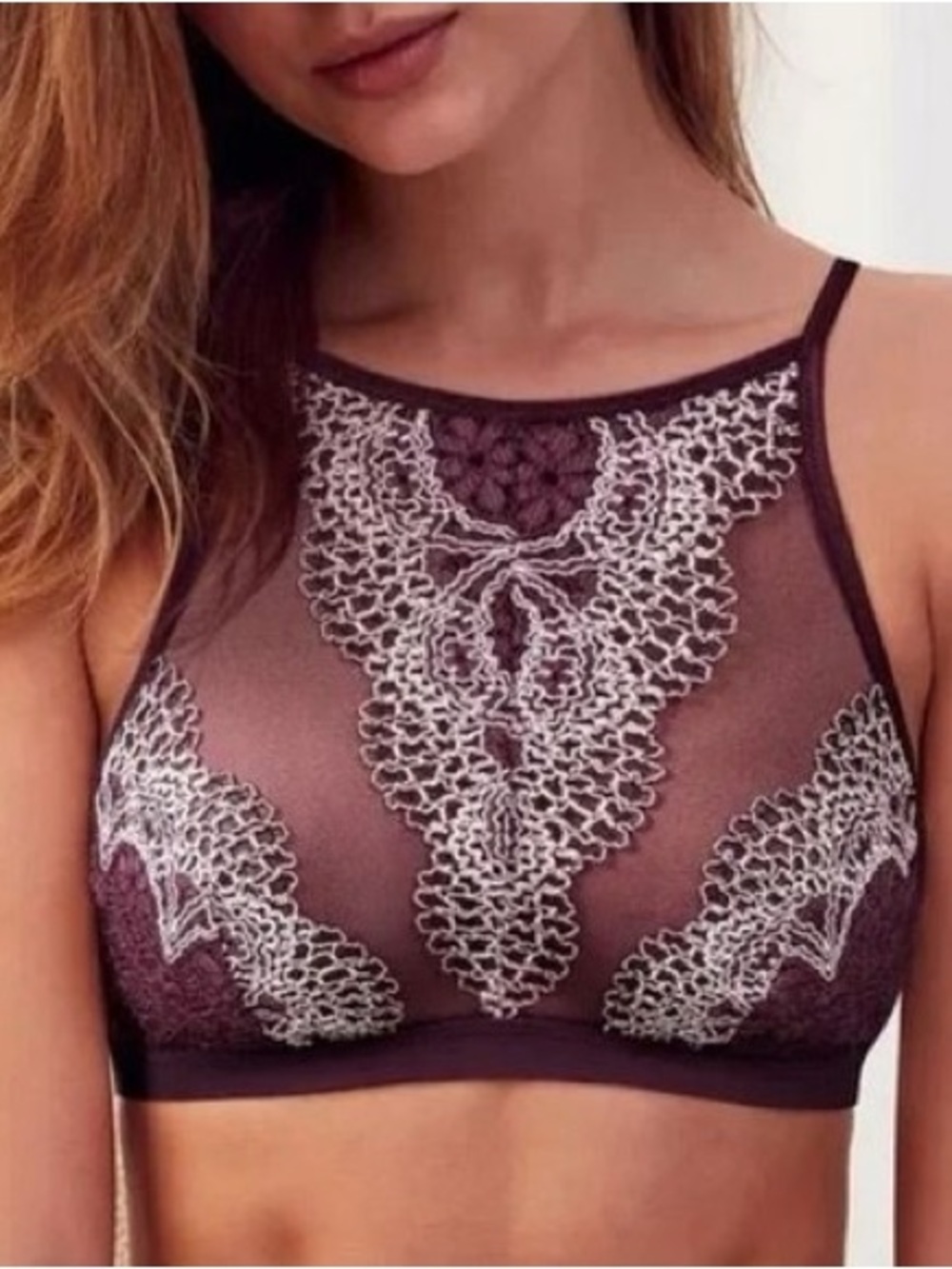 Victoria’s secret body by victoria wine purple lace mesh high neck bralette XS